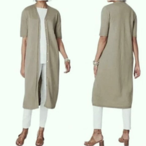 J. Jill Long Linen-Blend‎ Elbow-Sleeve Cardigan Elegant Sage Green Medium duster - Picture 1 of 11